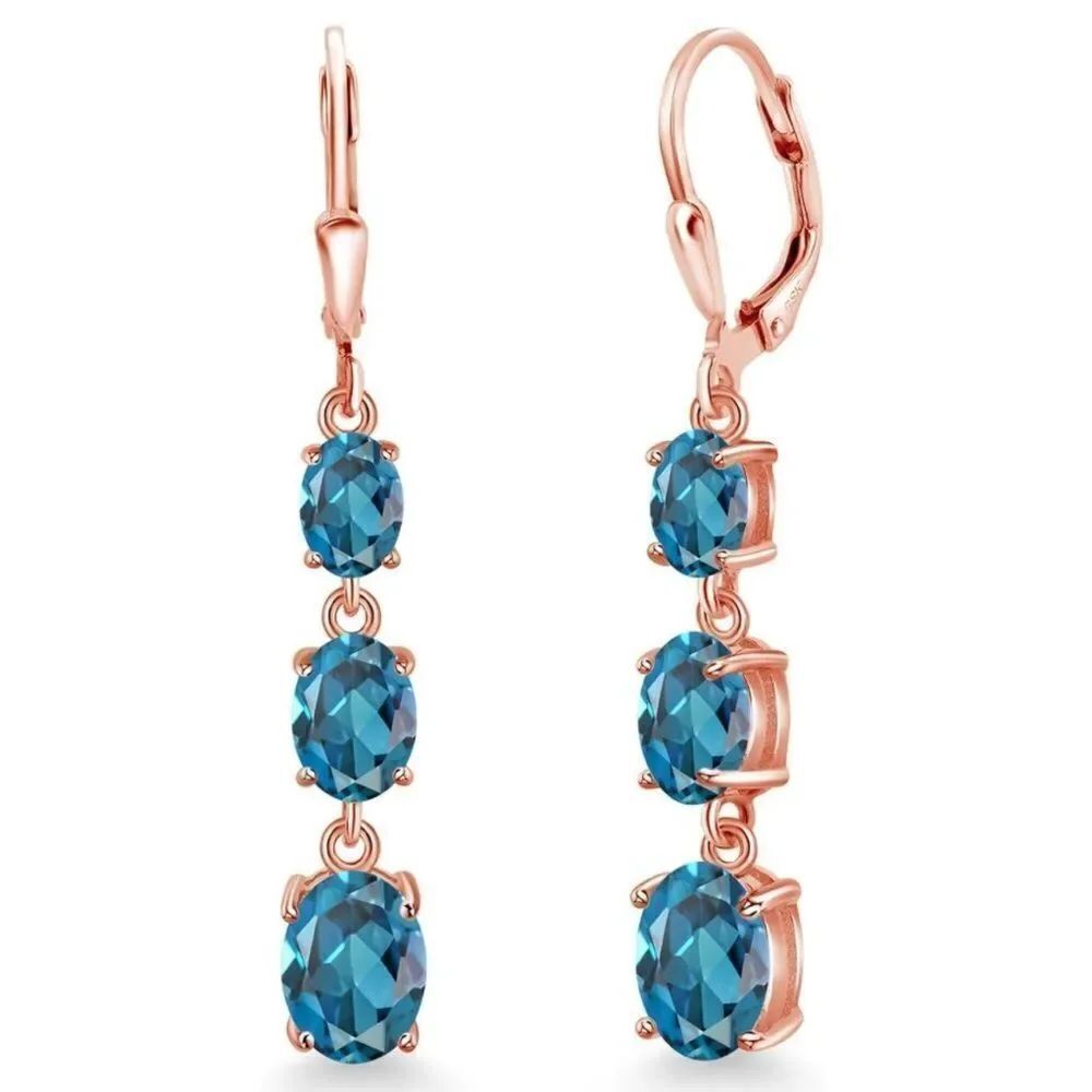 18K Rose Gold with 6.20 Cttw 3 Stone London Blue Topaz Leverback Drop Earrings